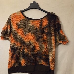 New Directions Orange and Black Ruffled Short Sleeve Blouse